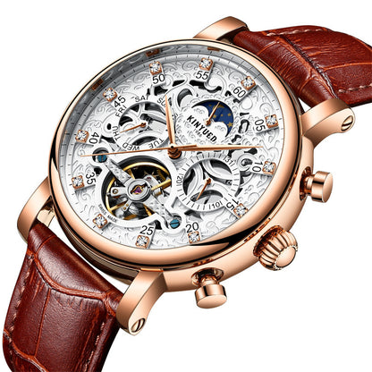 New KINYUED genuine automatic leather men's watch watches hollow mechanical watches travel time accurate - GM Traders