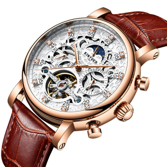 New KINYUED genuine automatic leather men's watch watches hollow mechanical watches travel time accurate - GM Traders
