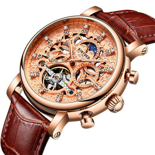 New KINYUED genuine automatic leather men's watch watches hollow mechanical watches travel time accurate - GM Traders
