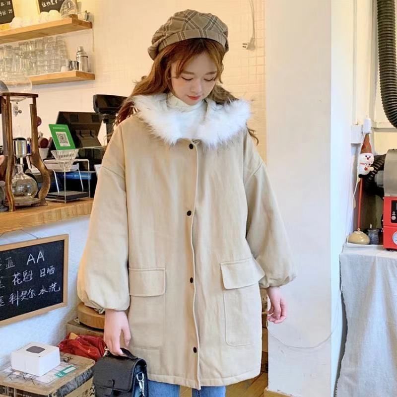 Mid-Length Loose Cotton Coat with Large Fur Collar – Apricot Geometric (S–2XL) | Winter