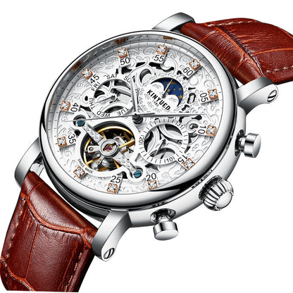 New KINYUED genuine automatic leather men's watch watches hollow mechanical watches travel time accurate - GM Traders