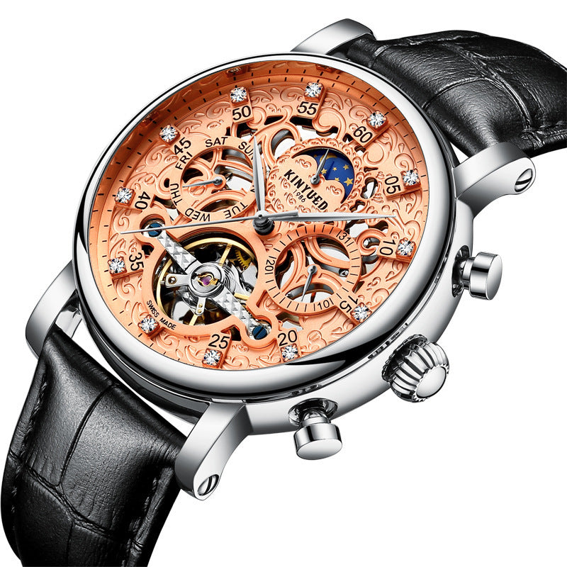New KINYUED genuine automatic leather men's watch watches hollow mechanical watches travel time accurate - GM Traders