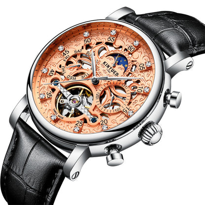 New KINYUED genuine automatic leather men's watch watches hollow mechanical watches travel time accurate - GM Traders