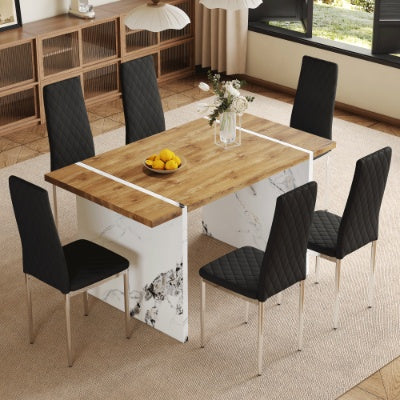 Table And Chair Set.Natural Wood Grain MDF Dining Table  55x31.5 Inch.Paired With 6 Modern Style Dining Chairs In Light Gray, Essential For Minimalist Homes.Blending Into Various Home Environments. - GM Traders