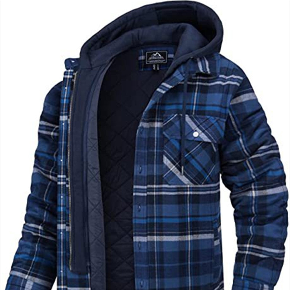 Men’s Plaid Hooded Winter Coat – Thick Padded Button & Zip-Up Jacket | Casual Warm Outerwear