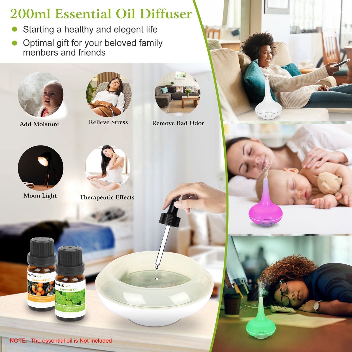 1Pc 200ml Cool Mist Humidifier Ultrasonic Aroma Essential Oil Diffuser With 7 Color LED Lights Waterless Auto Off For Office Home Room Study Yoga Spa - GM Traders