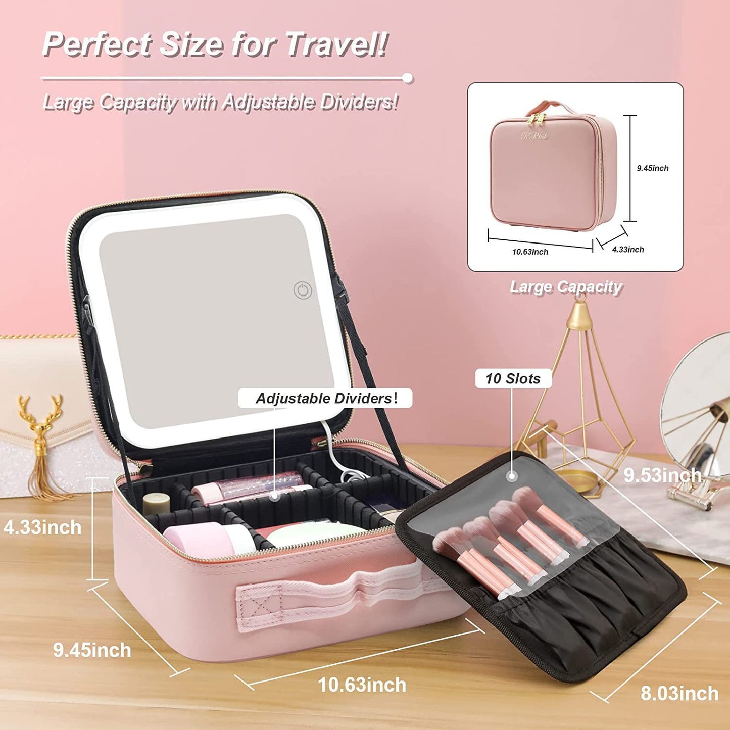 Multifunctional Partition Portable Waterproof Large Capacity Led Mirror Cosmetic Bag
