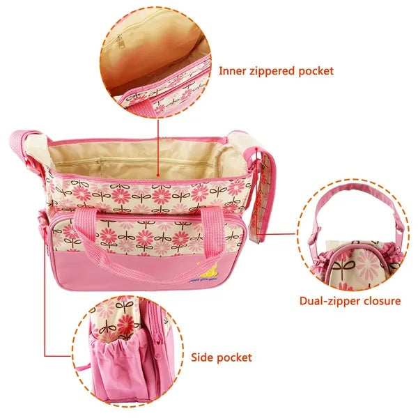 5PCS Baby Nappy Diaper Bags Set Mummy Diaper Shoulder Bags W Nappy Changing Pad Insulated Pockets Travel Tote Bags - GM Traders