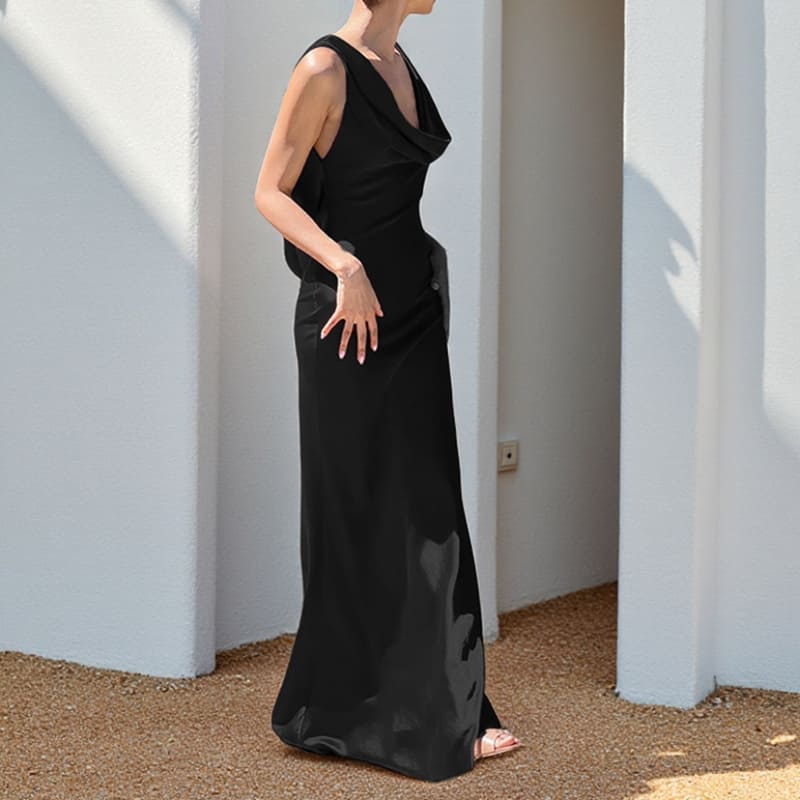 Draped Open Back Lace-Up Satin Party Dress – Midweight (S–XL)