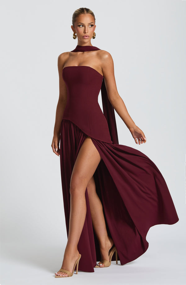 Maliyah Cherry Lacquer Maxi Dress – Elegant Fitted Bodice & Chiffon Skirt (S–XL)