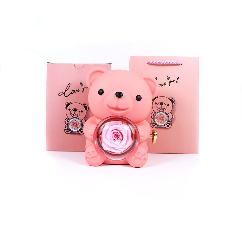 Eternal Rose Teddy Bear Gift Box with Necklace & Rotate Jewelry Case - Valentine's & Wedding Gift for Her