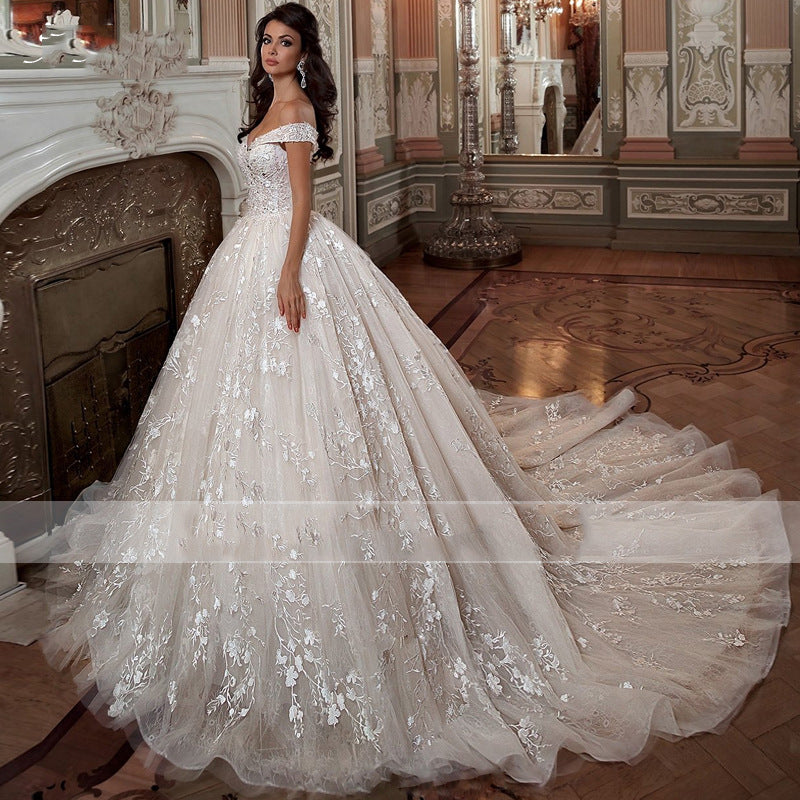 Off-Shoulder French Style Bridal Wedding Dress – Elegant Mori Trailing Gown