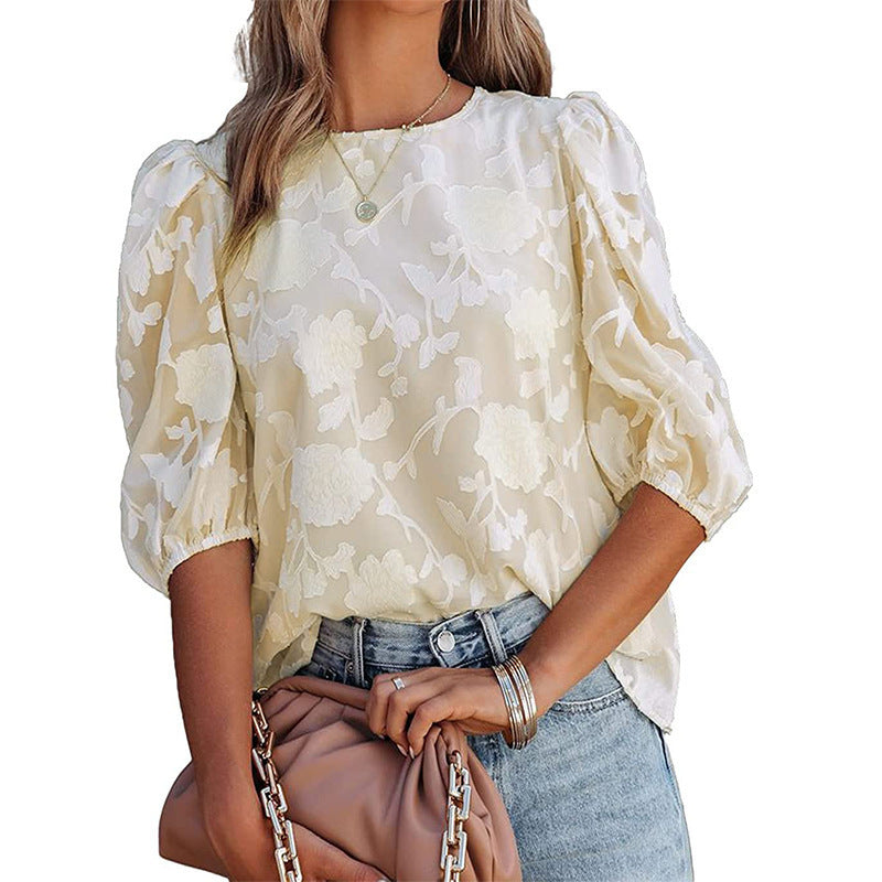 Women’s Puff Sleeve Chiffon Loose Top – Sweet Floral Embossed Shirt for Street & Casual Fashion