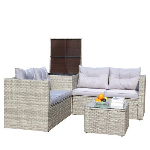 4 Piece Patio Sectional Wicker Rattan Outdoor Furniture Sofa Set With Storage Box Grey - GM Traders