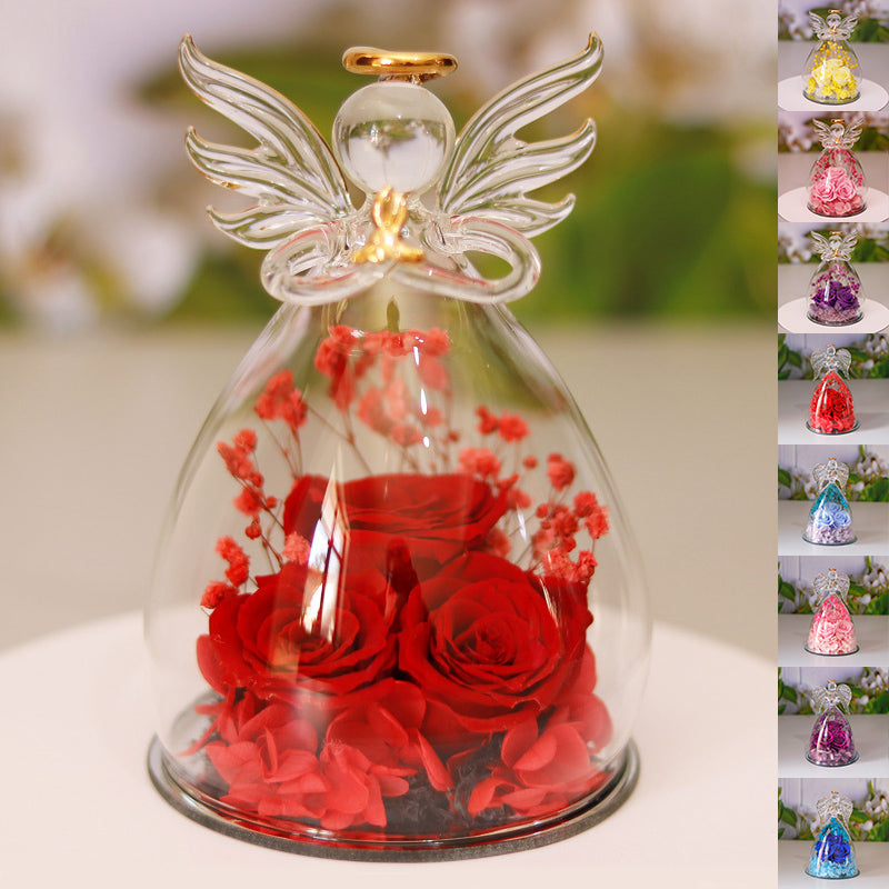 Eternal Flower Angel Glass Cover Dried Rose Gift Box - Christmas, Valentine's & Home Decor - Anniversary Gift