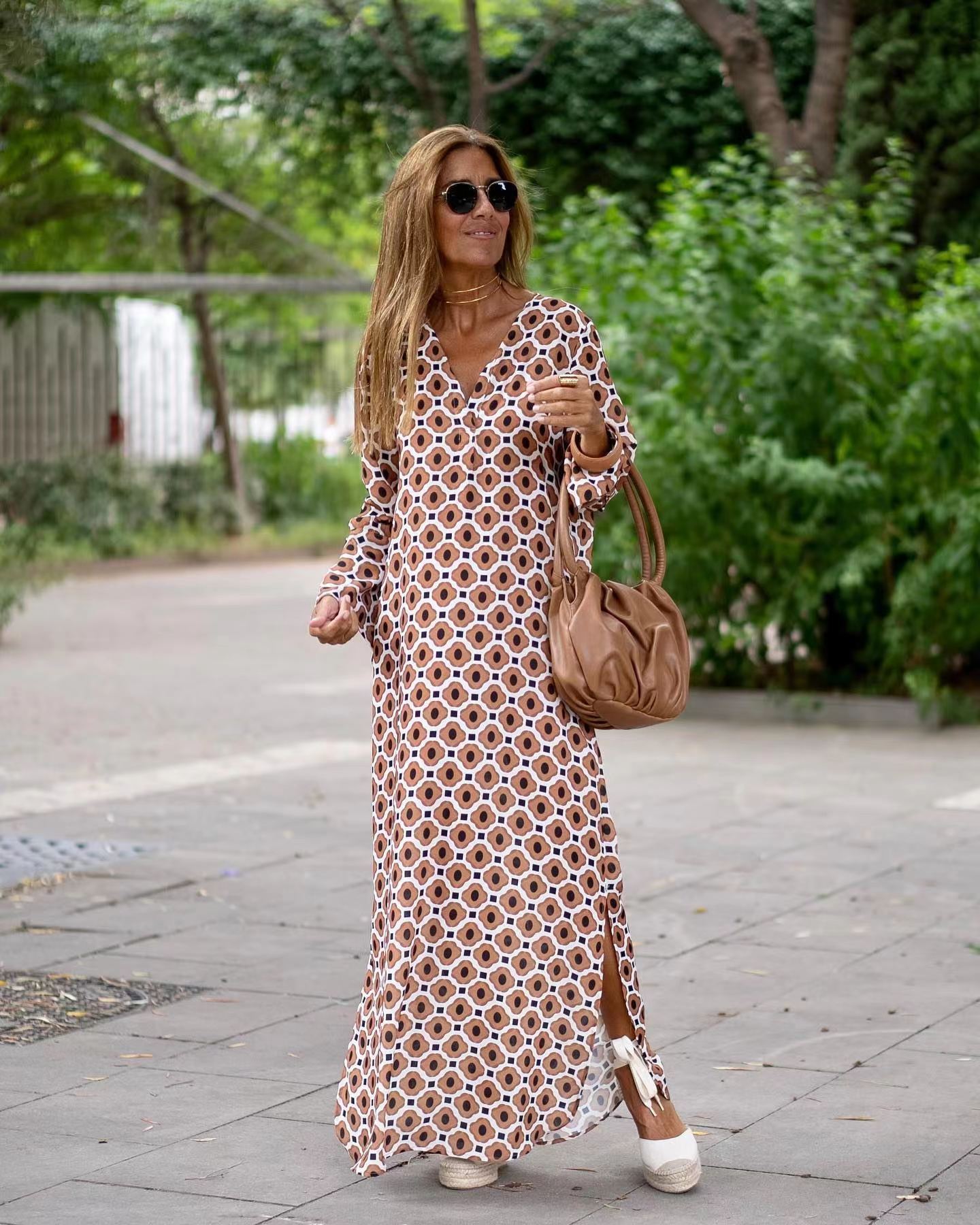 Women’s Summer Long Dress – Geometric Print V-Neck with Slit