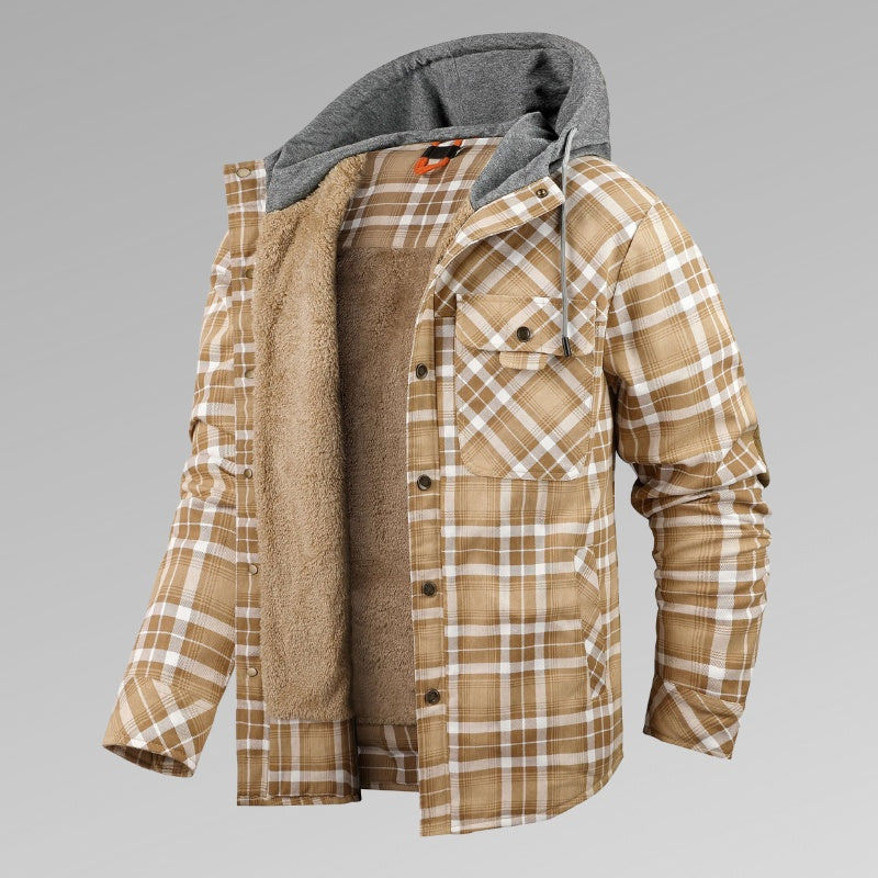 Men’s Thickened Velvet Plaid Shirt Coat – Long Sleeve Hooded Casual Winter Jacket