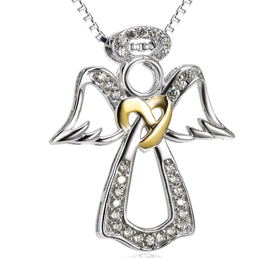 S925 sterling silver heart-shaped diamond-studded item Angel gold-plated pendant necklace - GM Traders