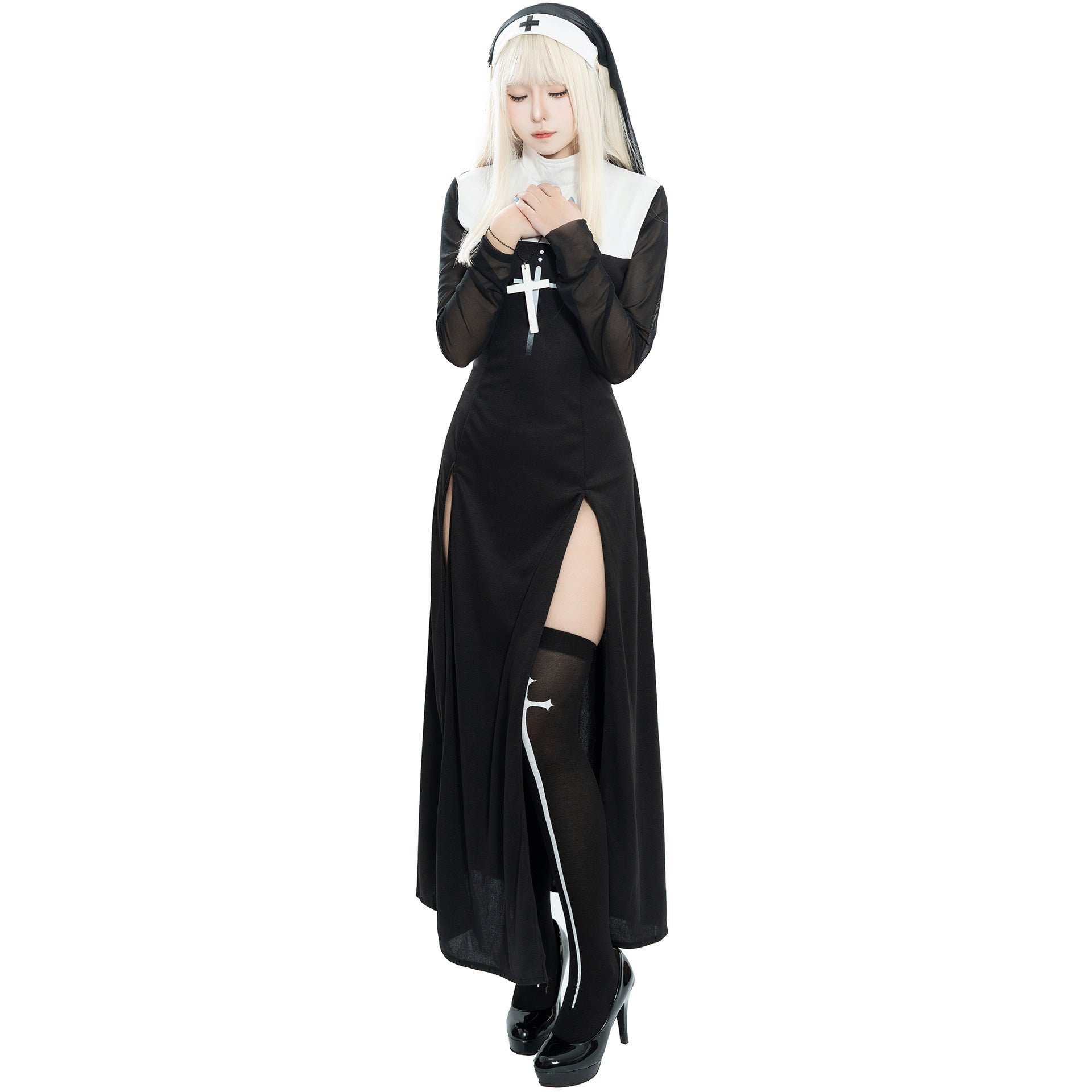 Women’s Role-Playing Halloween Nun Costume – Black Dress (S–XL)