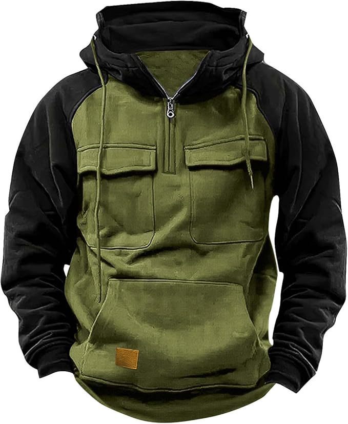 Fall Winter Retro Cargo Half-Zip Hoodie for Men – Thick Fleece Multi-Pocket Outdoor Jacket | Dubai UK USA