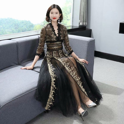 Embroidery Mesh Black Dress Women - GM Traders