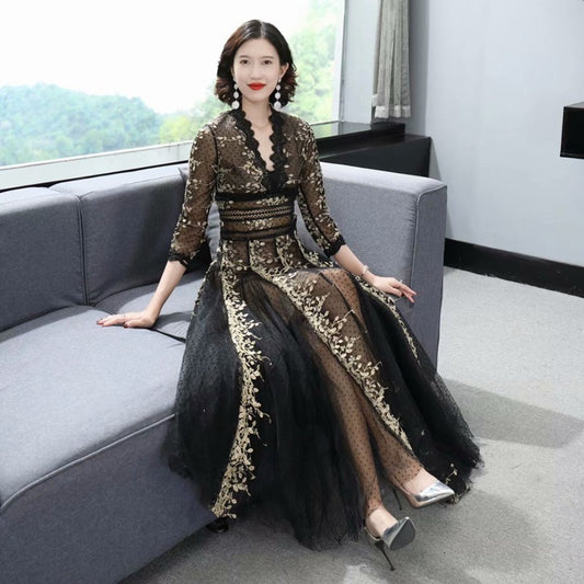 Embroidery Mesh Black Dress Women - GM Traders