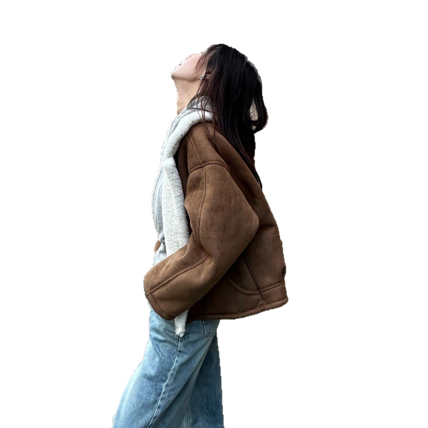 Mid-Length Loose Cotton Coat with Large Fur Collar – Apricot Geometric (S–2XL) | Winter