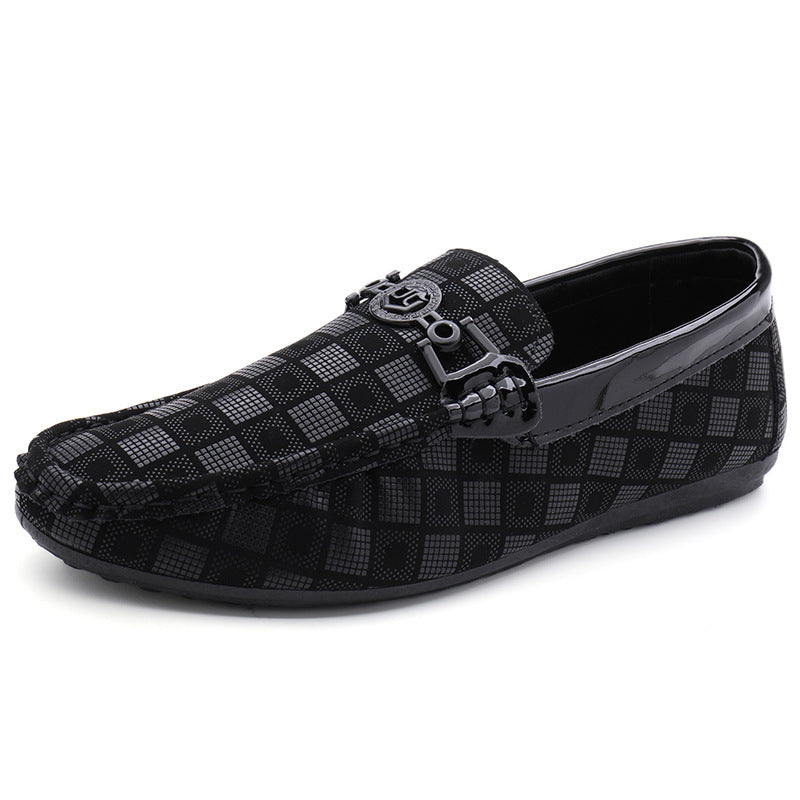 Gleam Manor Lazy Man plaid shoes: black silver checkered loafers with skull buckle