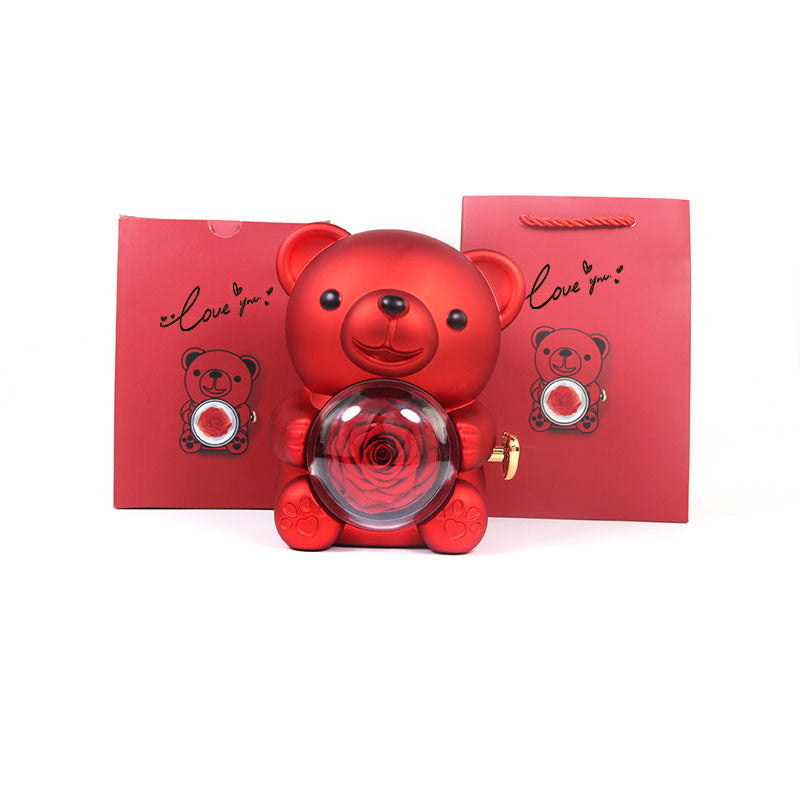 Eternal Rose Teddy Bear Gift Box with Necklace & Rotate Jewelry Case - Valentine's & Wedding Gift for Her