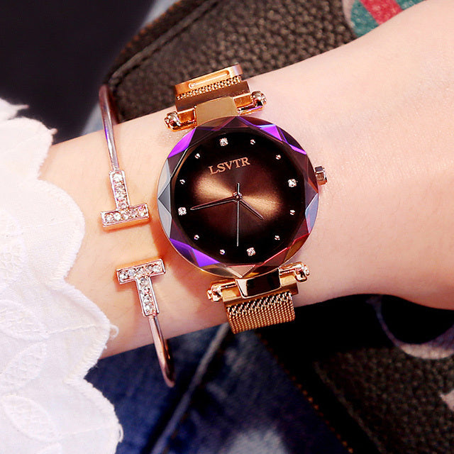 Rose gold diamond Starry Sky women’s watch with purple crystal face