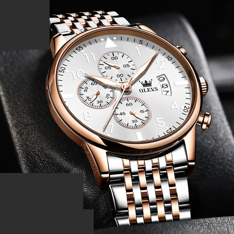 Rose gold silver chronograph watch with night light, small three pin