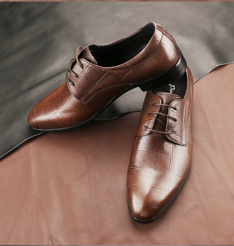 Men's Leather Shoes Cowhide Checkered Single Shoes Handmade Derby Shoes Pointed Leather Men's Shoes - GM Traders