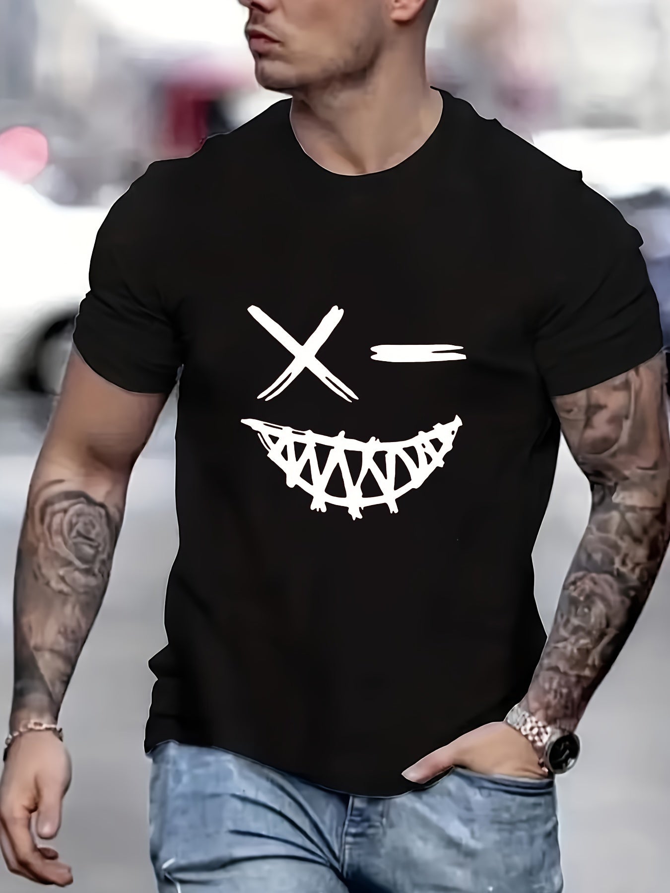 Men's Evil Smiling Face Pattern Round Neck Short Sleeve T-shirt, Summer Street Trend Fashion Top, c - GM Traders