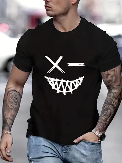 Men's Evil Smiling Face Pattern Round Neck Short Sleeve T-shirt, Summer Street Trend Fashion Top, c - GM Traders