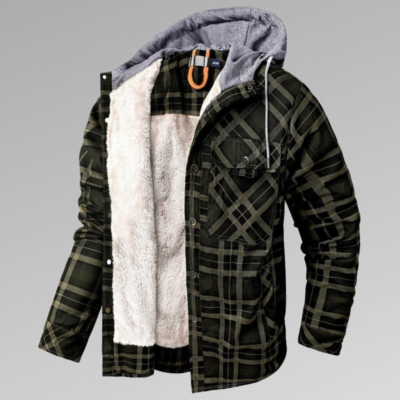 Men’s Thickened Velvet Plaid Shirt Coat – Long Sleeve Hooded Casual Winter Jacket