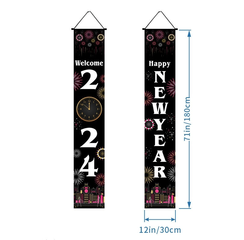 New Year Party Door Curtain Decoration – Black & Gold Photo Couplet | Spring Festival & New Year Holiday Decor | 30×180cm | Dubai | London | USA | UK | Europe | Canada | Australia