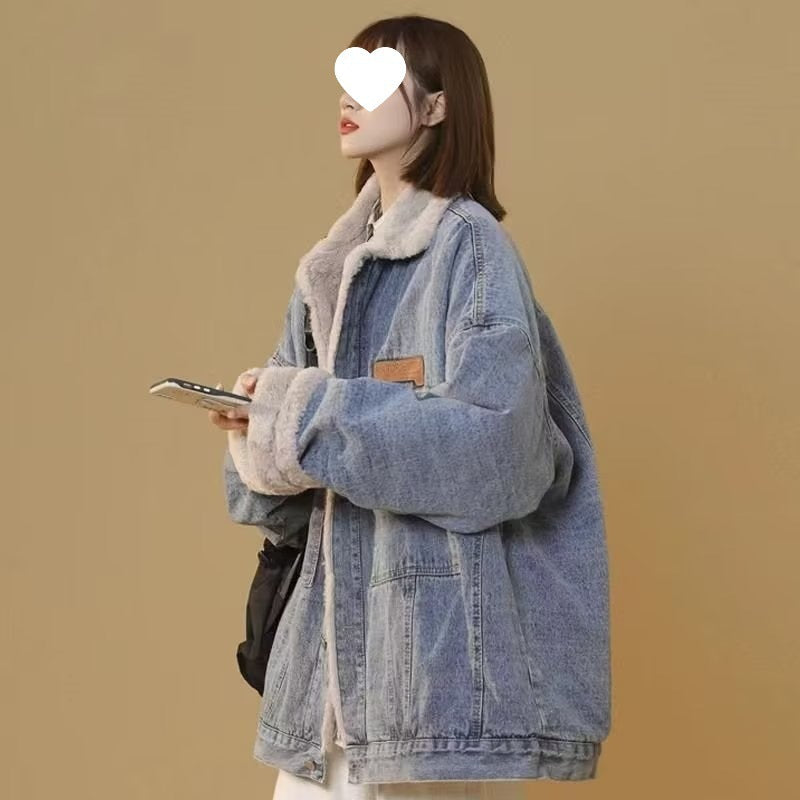 Hong Kong Style Denim Cotton Jacket with Lamb Fur – Literary Retro Women (M–4XL)