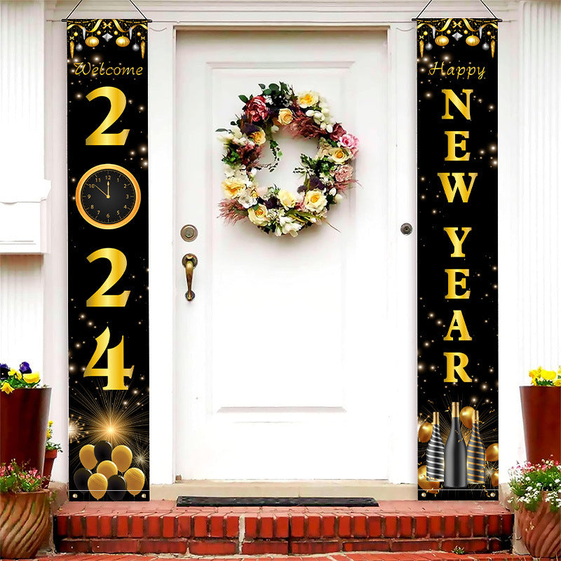 New Year Party Door Curtain Decoration – Black & Gold Photo Couplet | Spring Festival & New Year Holiday Decor | 30×180cm | Dubai | London | USA | UK | Europe | Canada | Australia