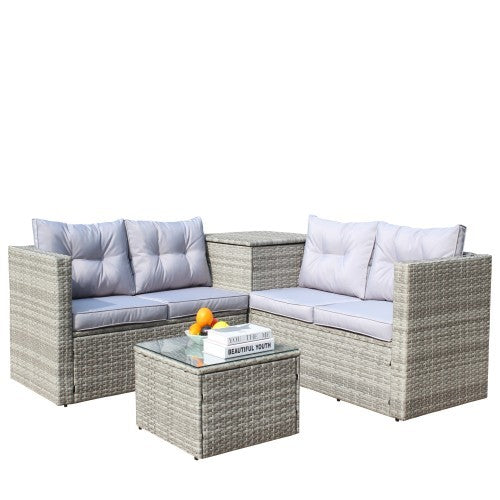 4 Piece Patio Sectional Wicker Rattan Outdoor Furniture Sofa Set With Storage Box Grey - GM Traders