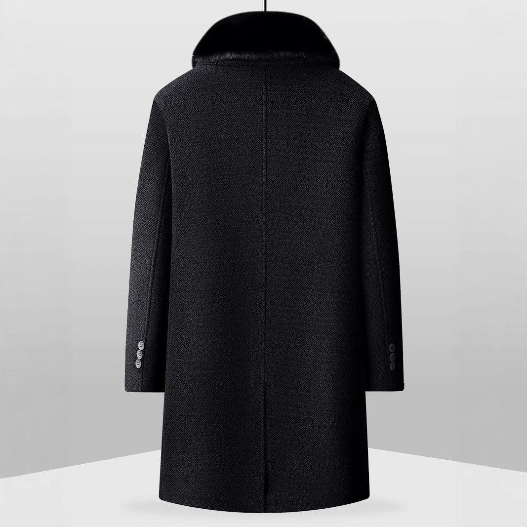 Men’s Fleece-Lined Long Wool Coat – Warm Overcoat for Middle-Aged & Elderly Dad