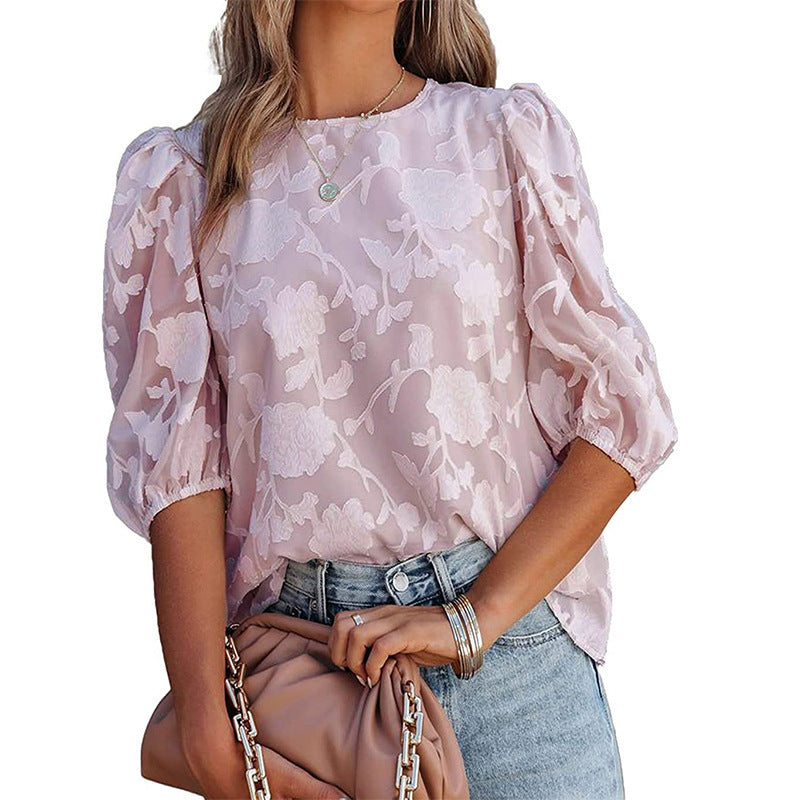 Women’s Puff Sleeve Chiffon Loose Top – Sweet Floral Embossed Shirt for Street & Casual Fashion