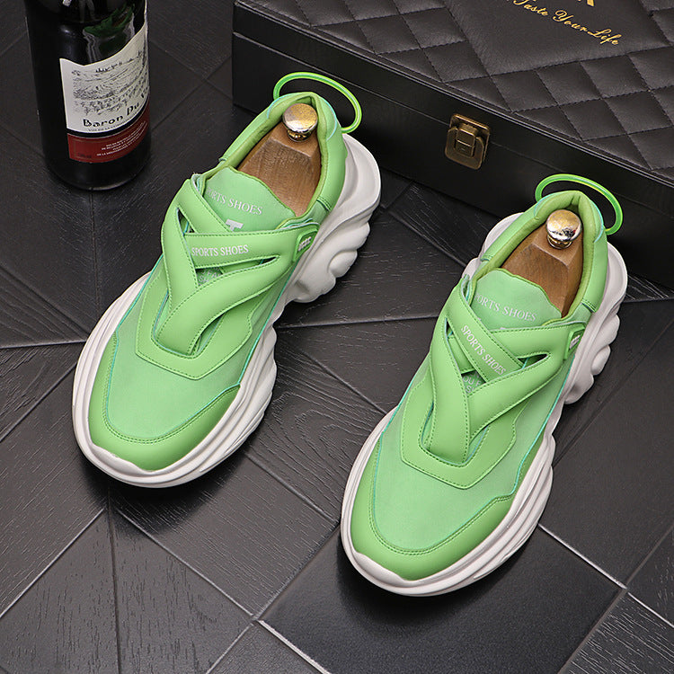 Green chunky sole retro lace-up sneaker with velcro strap and metallic hardware, super hot youth casual shoes