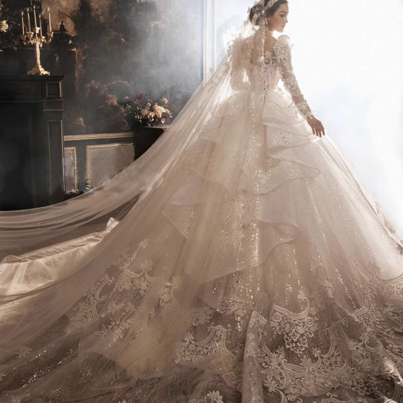 European-Style Royal Court Princess Lace Dress | Heavy Industry Floor-Length Sequined Gown