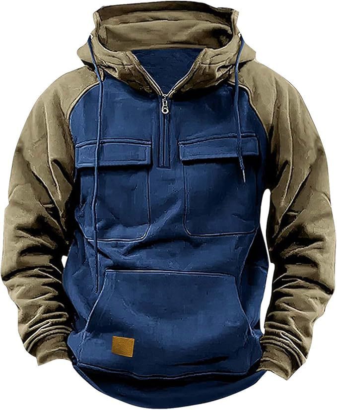 Fall Winter Retro Cargo Half-Zip Hoodie for Men – Thick Fleece Multi-Pocket Outdoor Jacket | Dubai UK USA