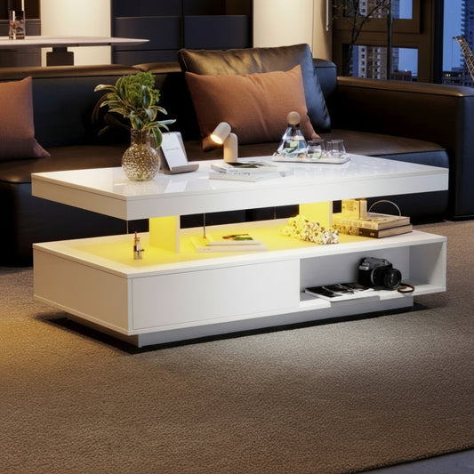 Led Coffee Table With 2 Drawer Storage, High Gloss Coffee Table For Living Room Open Storage Space Centre Table With 16-Color Led Lights,End Table For Home Office Furniture, White
