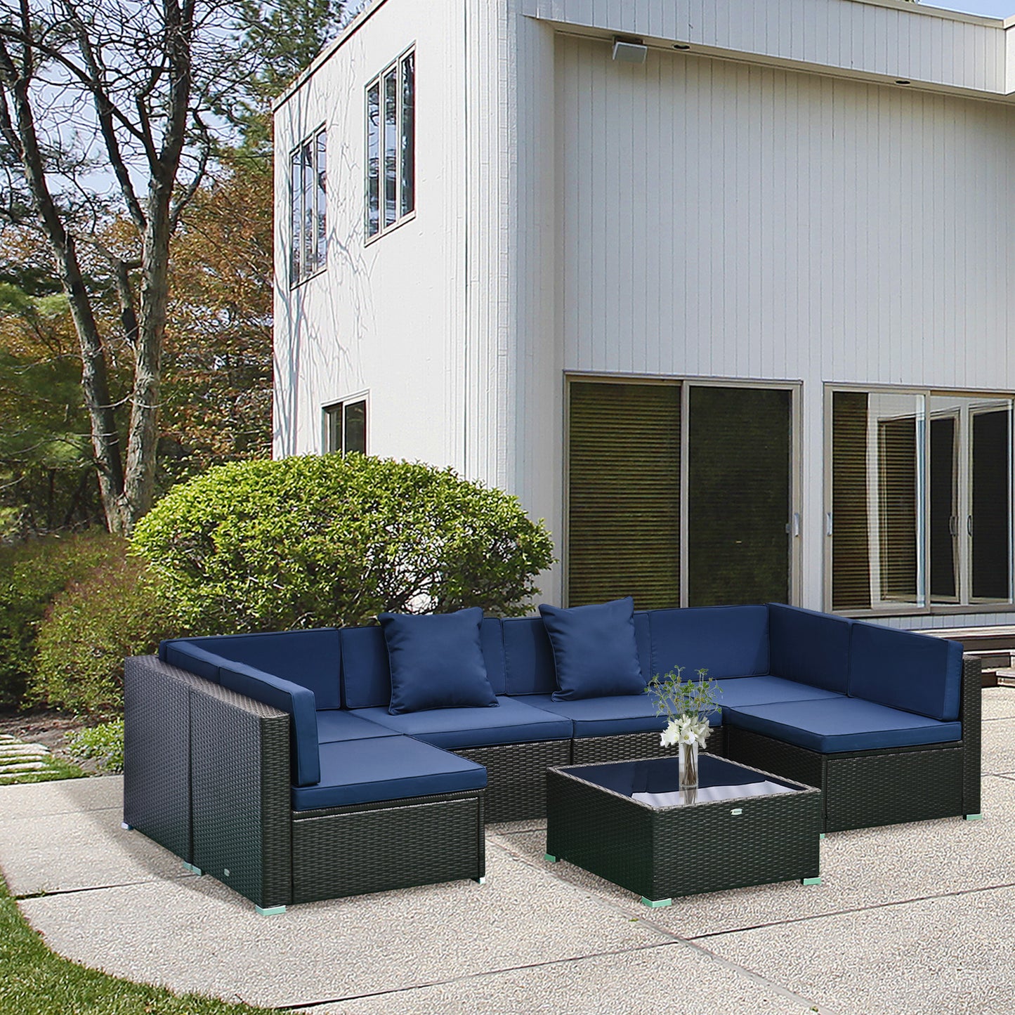 7-Piece Rattan Couch, Outdoor Patio Furniture Set, With Removable Cushions And Ottoman, Glass Coffee Table- Dark Coffee  Blue - GM Traders