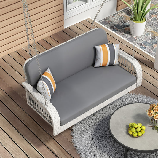 GO PE Wicker Porch Swing, 2-Seater Hanging Bench With Chains, Patio Furniture Swing For - GM Traders