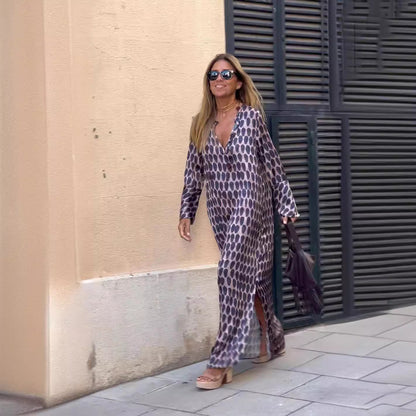 Women’s Summer Long Dress – Geometric Print V-Neck with Slit