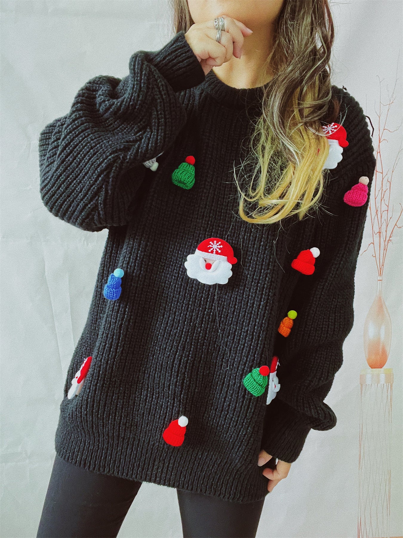 Women’s Cute Santa Claus 3D Decoration Round Neck Long Sleeve Sweater – Christmas Holiday Knitwear
