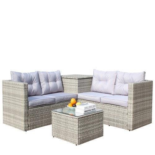 4 Piece Patio Sectional Wicker Rattan Outdoor Furniture Sofa Set With Storage Box Grey - GM Traders